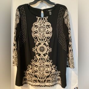 Style & Co. Black & Cream Boho Studded Tunic Keyhole Back Size XL